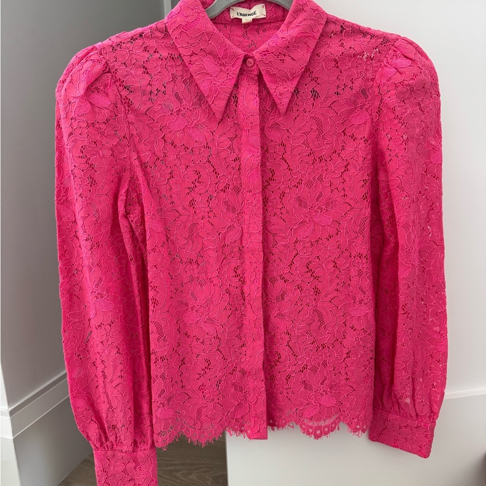 L'AGENCE Vibrant Pink Lace Blouse